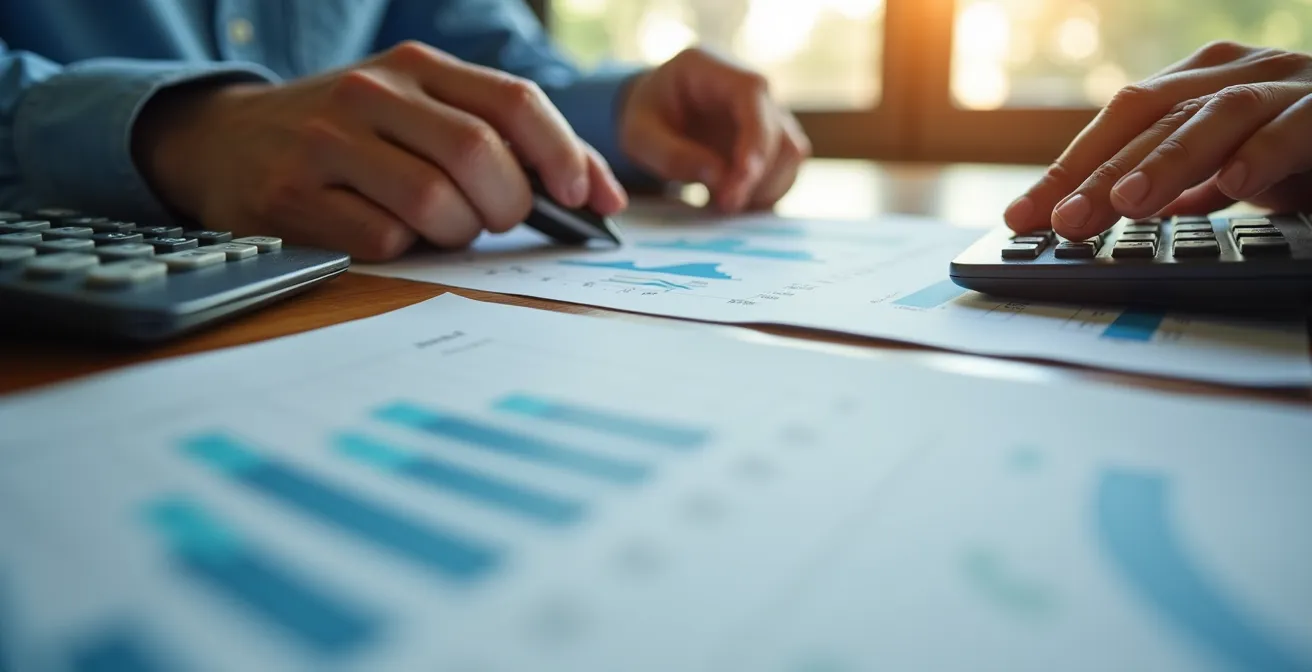 Gros plan sur des mains analysant des graphiques financiers sur une table de travail