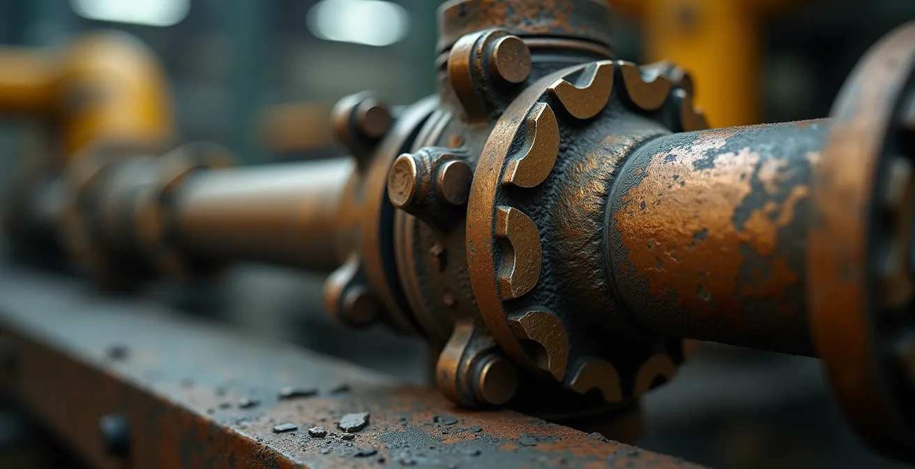 Vue macro d'une valve métallique industrielle avec texture détaillée