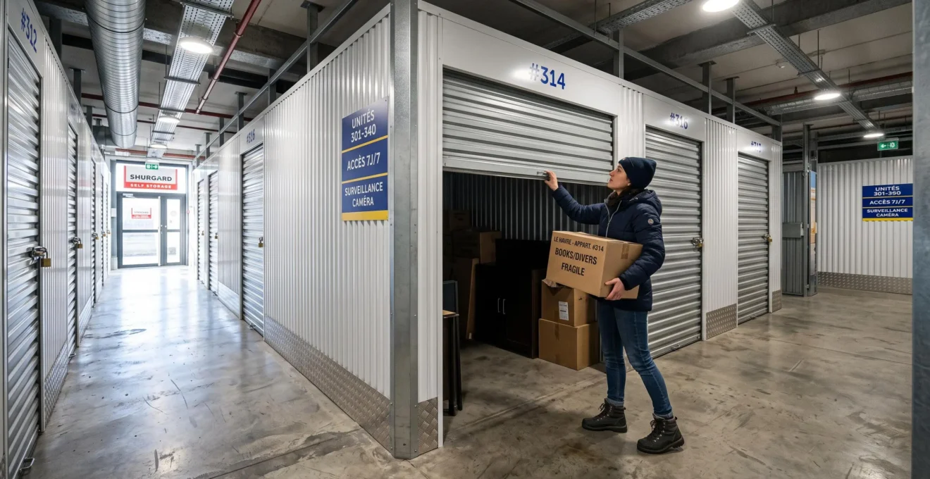 Une personne ouvre la porte d'un box de stockage individuel en tenant un carton.