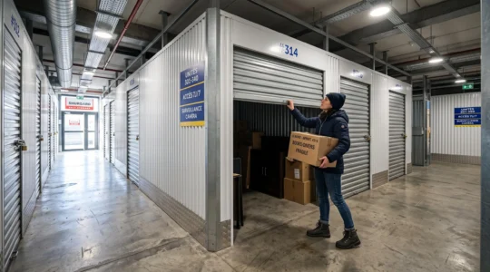 Une personne ouvre la porte d'un box de stockage individuel en tenant un carton.