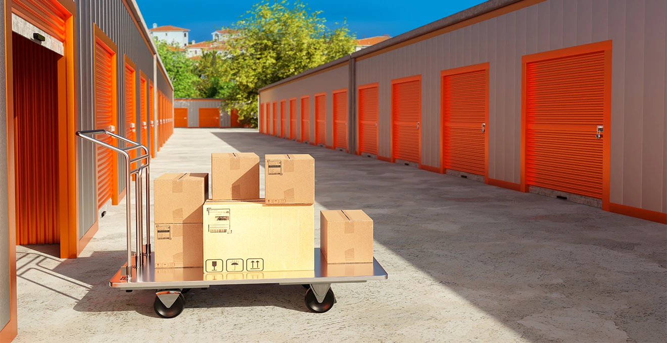 Un homme empile des cartons le long de la paroi d'un box en gardant un passage central.