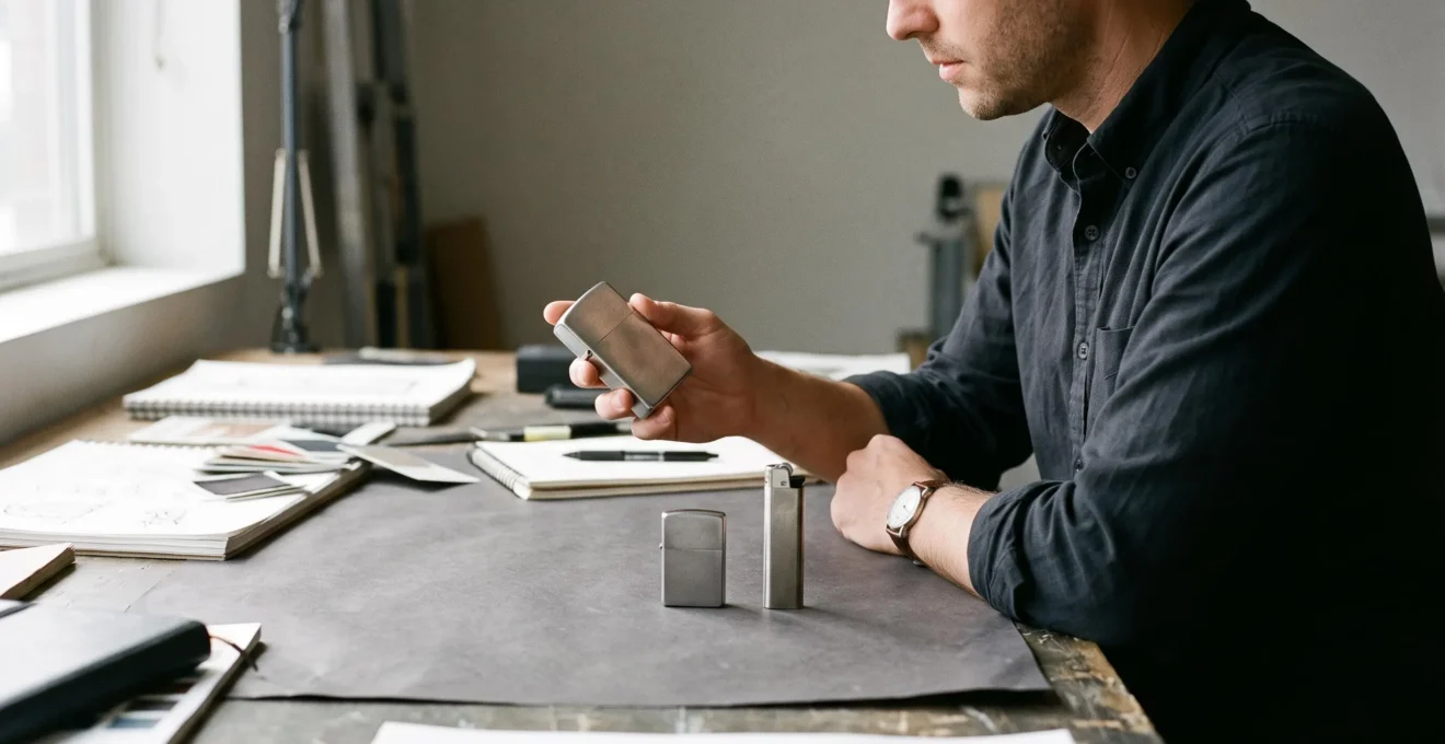 Un professionnel compare trois briquets publicitaires de tailles différentes sur une table de travail.