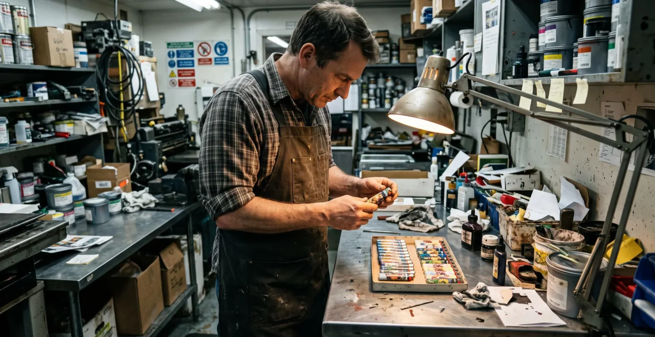 Un technicien contrôle la personnalisation d'un briquet maxi dans un atelier de marquage.