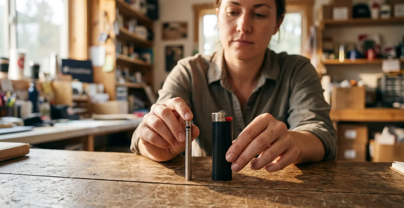 Deux mains comparent un briquet fin et un briquet maxi posés sur un comptoir en bois.