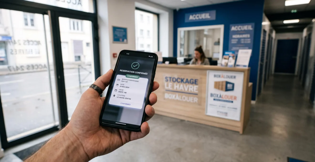 Une main tient un smartphone affichant une réservation confirmée dans le hall d'un garde-meuble.